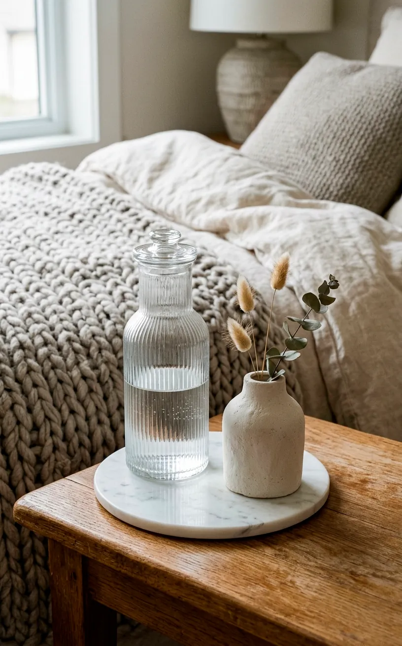 Mix of textures including a ribbed glass carafe and a matte plaster vase