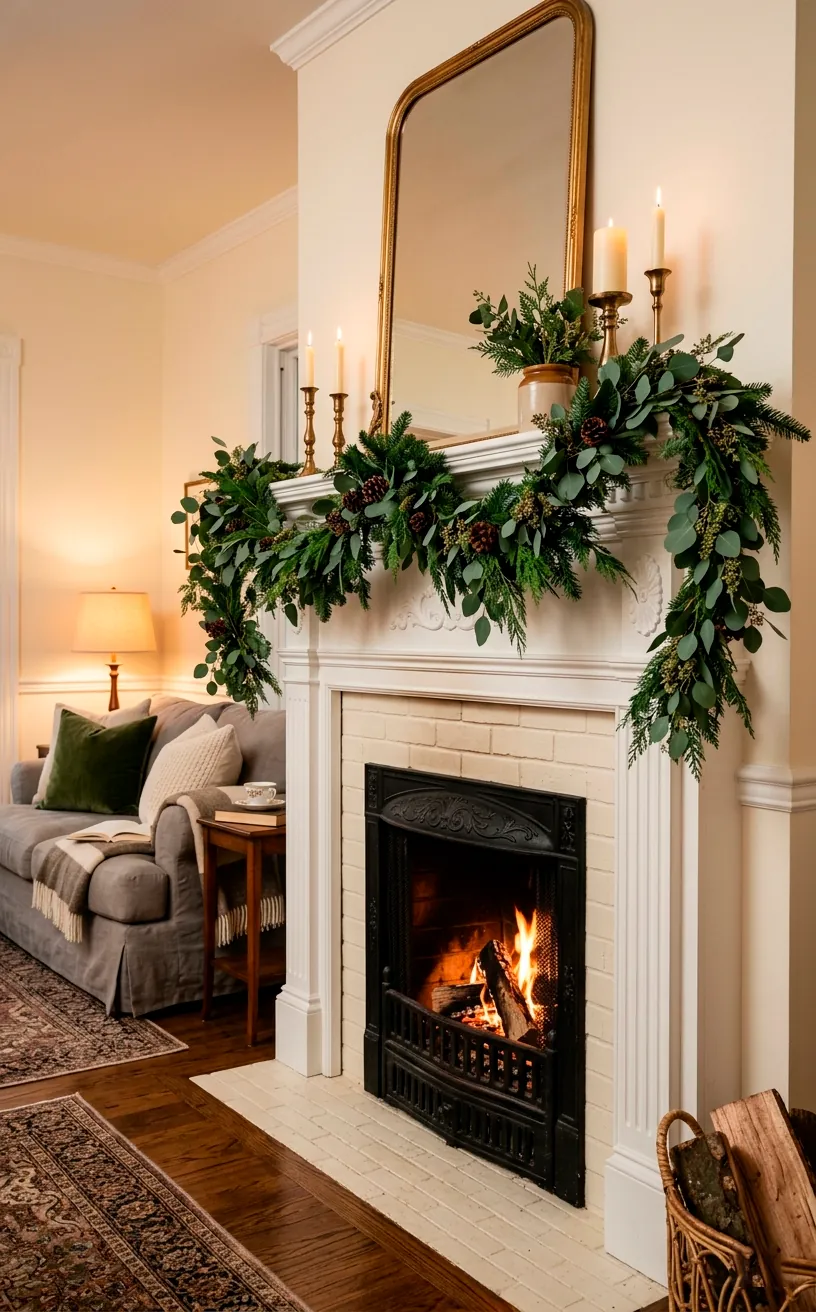 A lush natural eucalyptus and pine greenery garland draped across a white fireplace mantel.