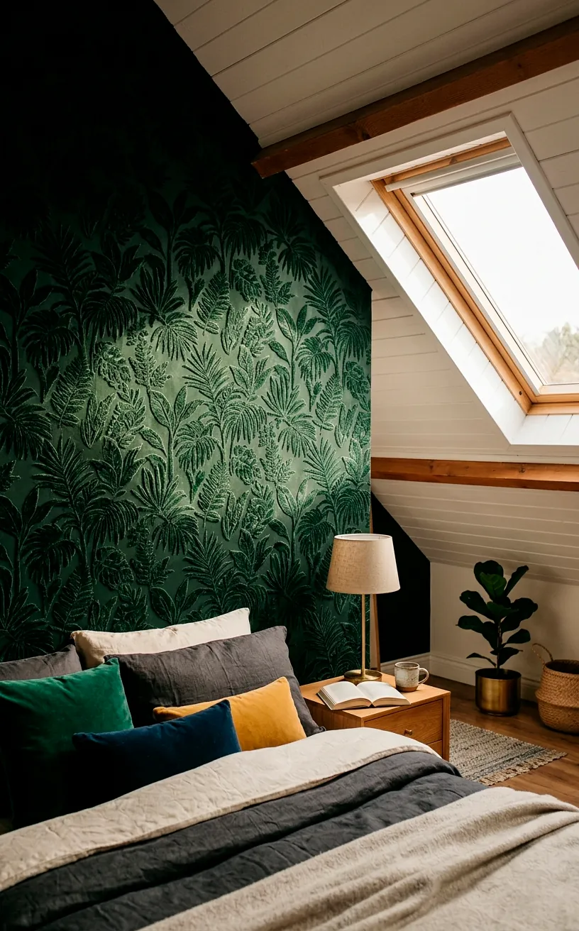Dark botanical flocked velvet wallpaper on a flat accent wall in an attic bedroom