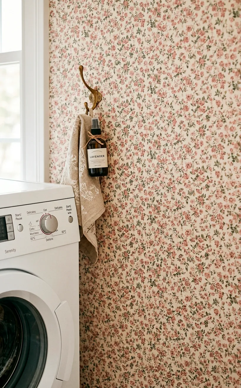 Laundry room wall featuring soft dusty rose micro-floral wallpaper with tiny repetitive blossoms