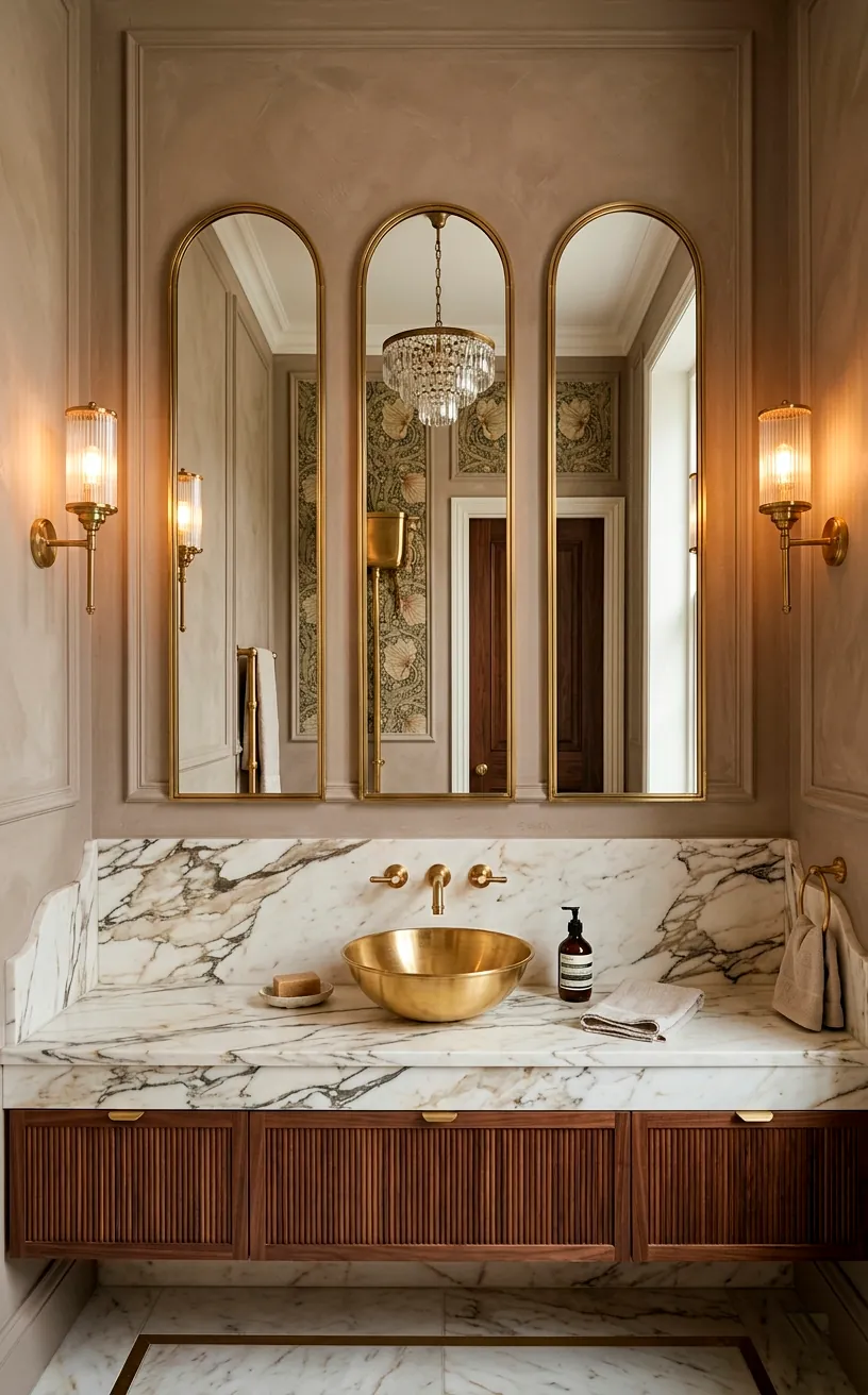 Three tall arched mirrors side-by-side above a marble vanity in a powder room