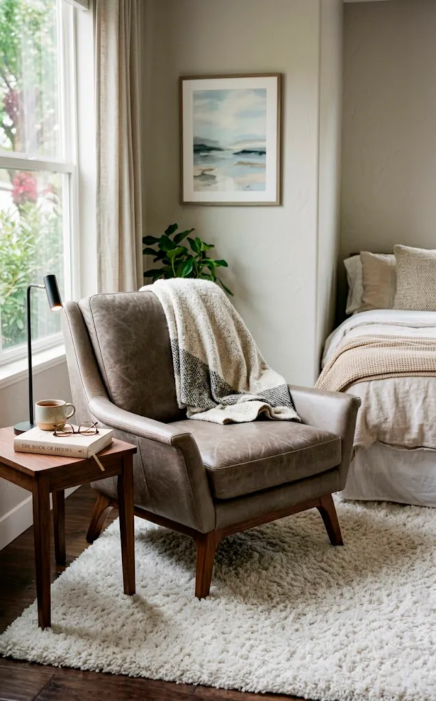 Warm grey leather reading chair on a fluffy white area rug