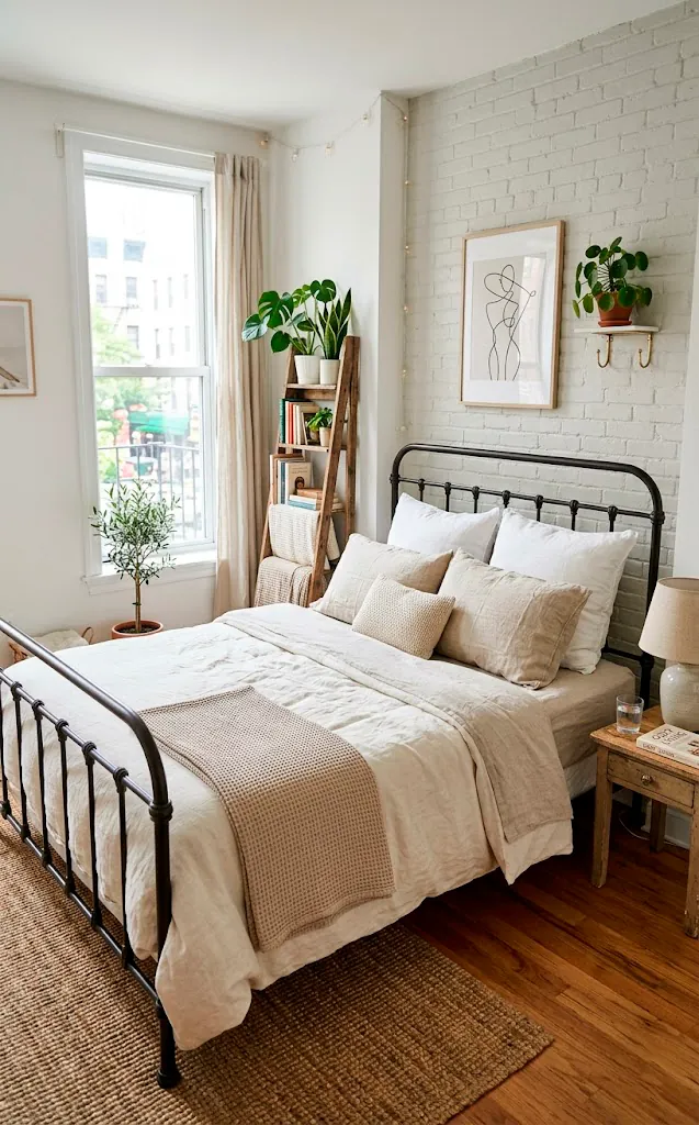 Minimalist wrought iron bed frame with neutral bedding in a studio