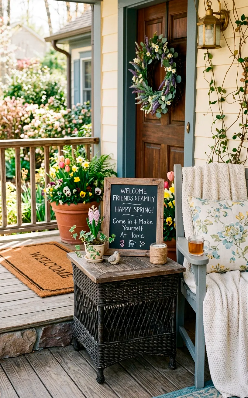Small rustic framed chalkboard sign on a dark wicker porch side table surrounded by subtle spring decor