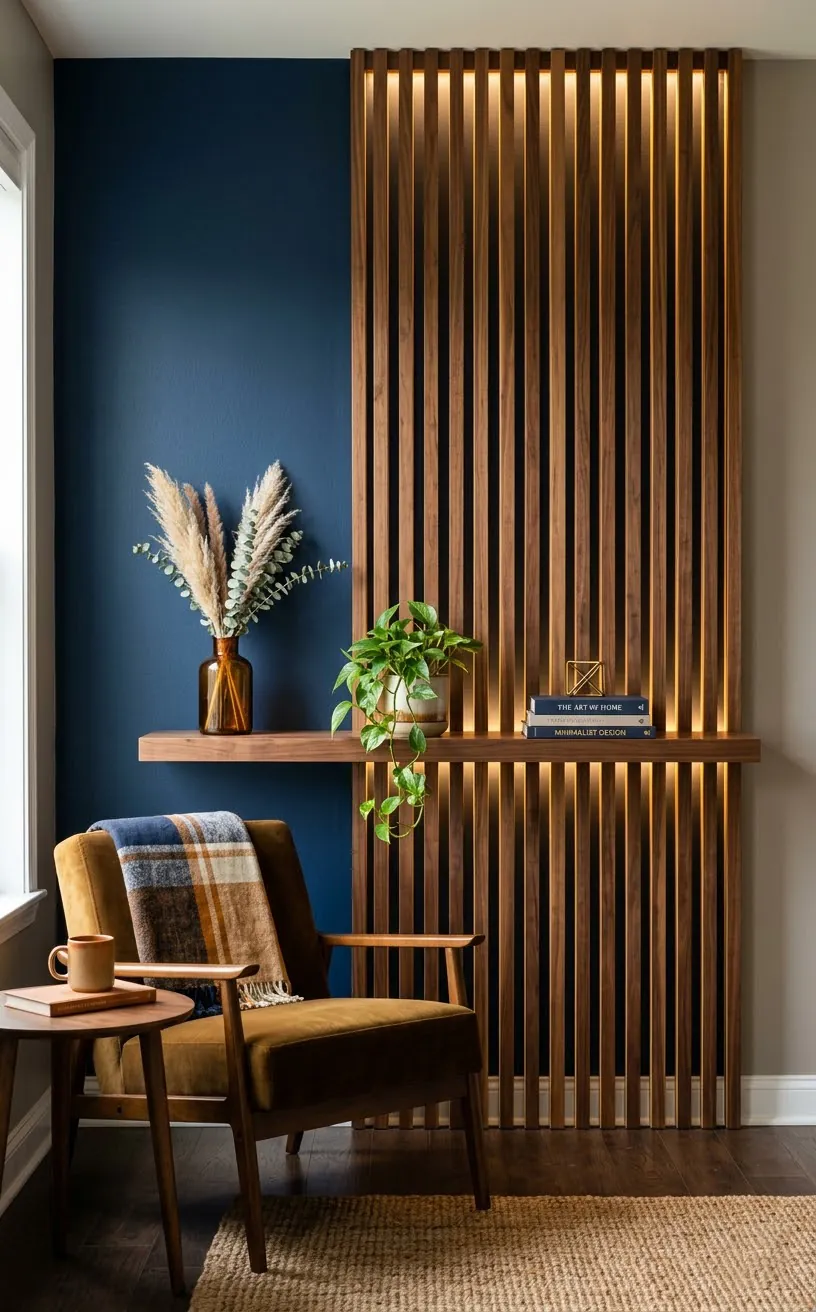 Dark navy blue accent wall with warm LED backlighting.