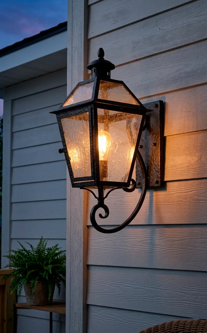 Ornate black wrought iron wall sconce lantern emitting warm light on an outdoor porch wall.