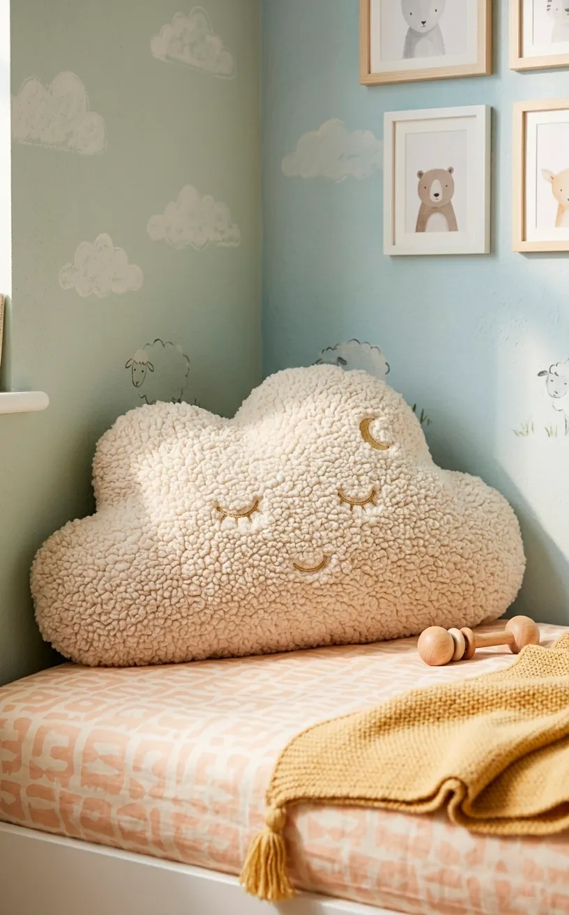 White sherpa fleece cloud shaped pillow with curly nubby texture resting on a cozy nursery bed.