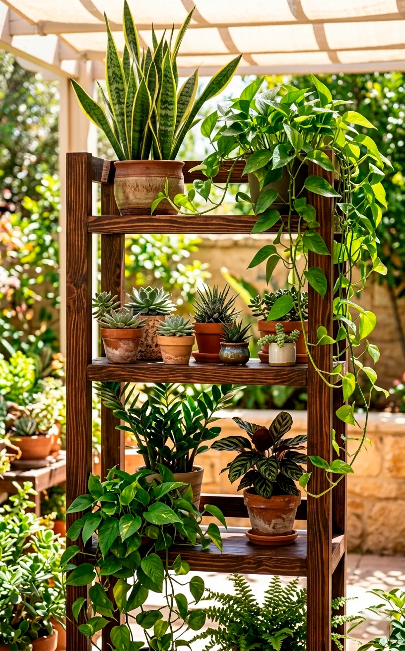 A multi-tiered dark stained wood plant stand holding various lush green potted plants.