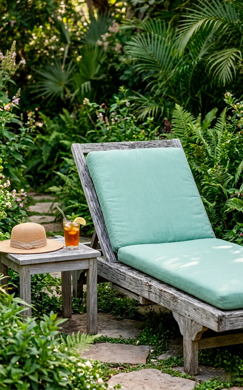 Weathered teak lounge chair with mint green cushions on a garden porch.