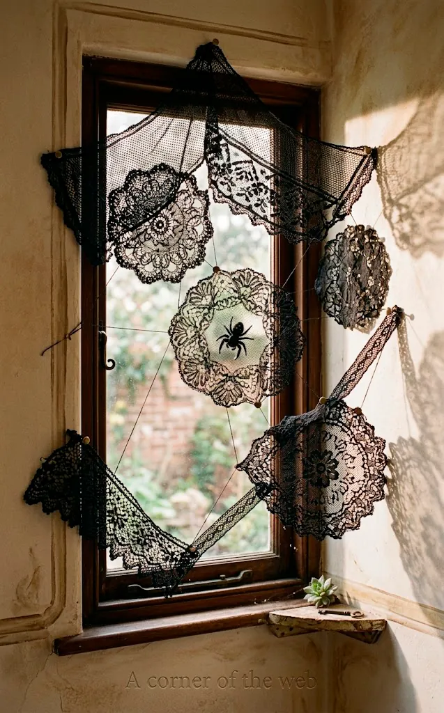 Black lace doilies used as sophisticated spiderwebs in a window corner.