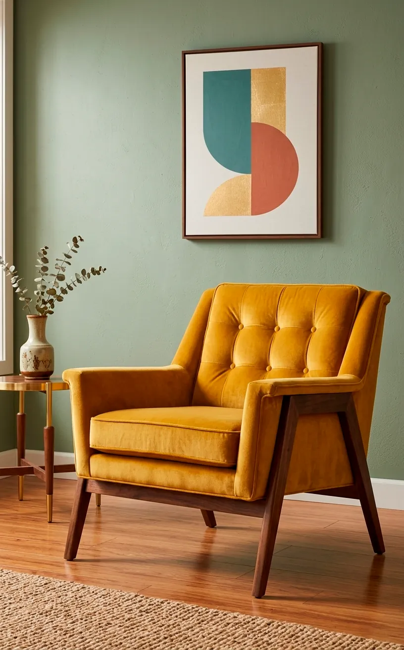 Mustard yellow mid-century modern velvet chair with tapered wooden legs.