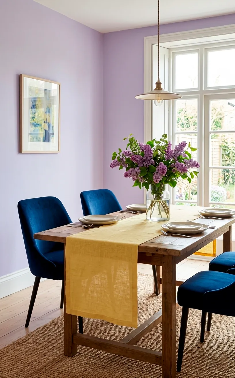 Lavender dining room walls with navy chairs and yellow accents.