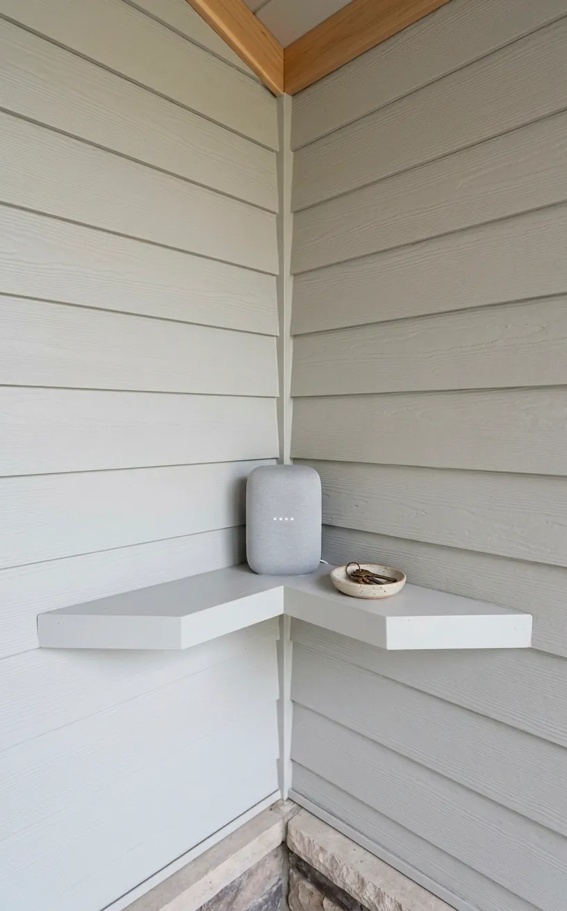 Custom corner floating shelf maximizing vertical space with a smart speaker on a small front porch.