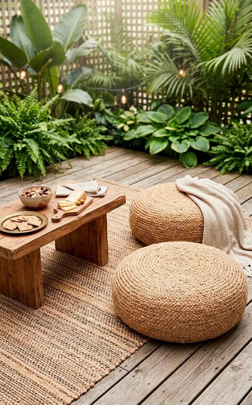 Two round jute poufs used as floor seating on an outdoor rug.