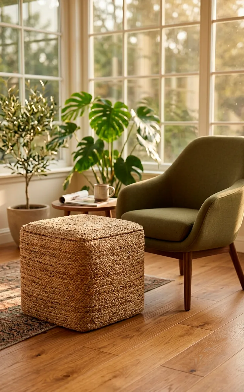 Woven jute cube storage pouf footrest next to an armchair in a sunlit modern interior.