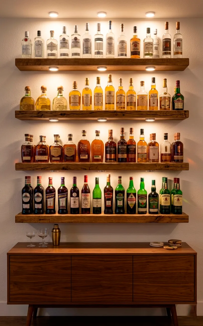 Four stacked thick wood floating shelves filled with illuminated liquor bottles