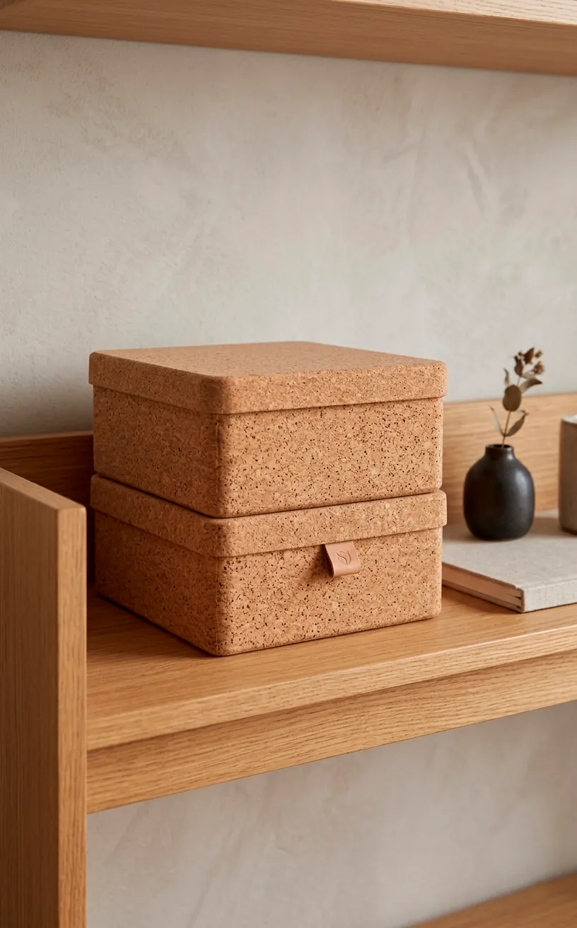 Minimalist stackable cork storage bins with lids organizing clutter on an open shelf unit.