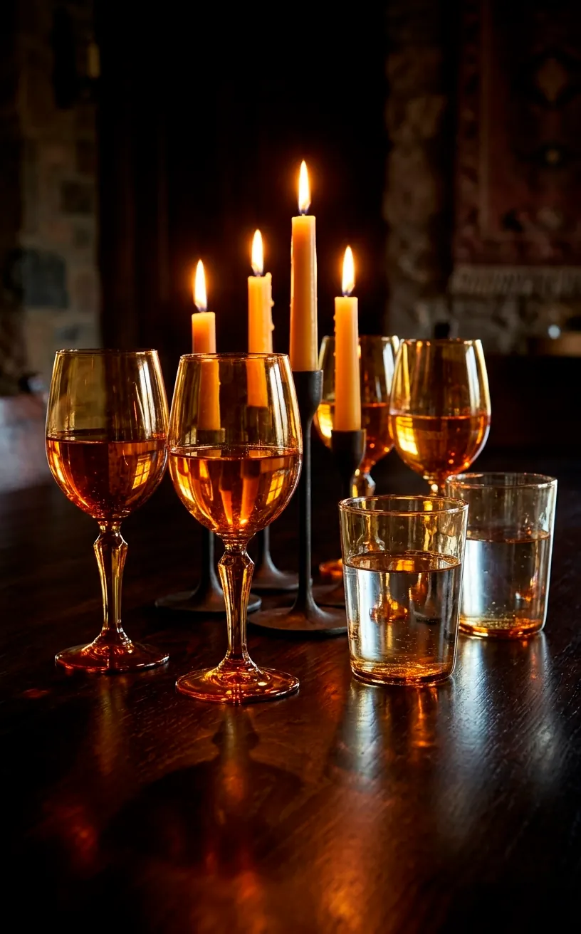 Amber colored glassware glowing under warm candlelight on a table.