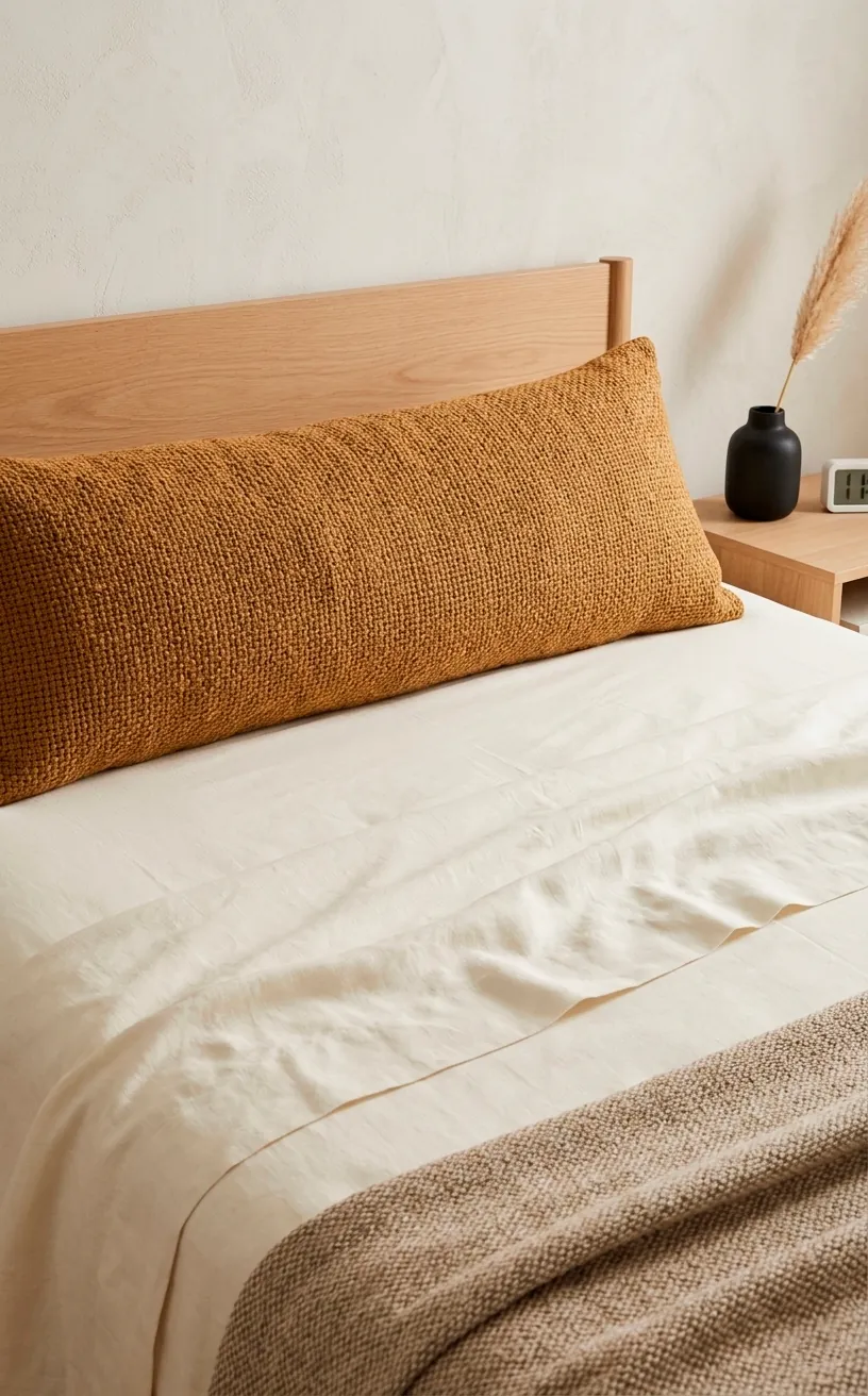 Oversized gingerbread brown lumbar pillow styled on top of crisp cream bed sheets.