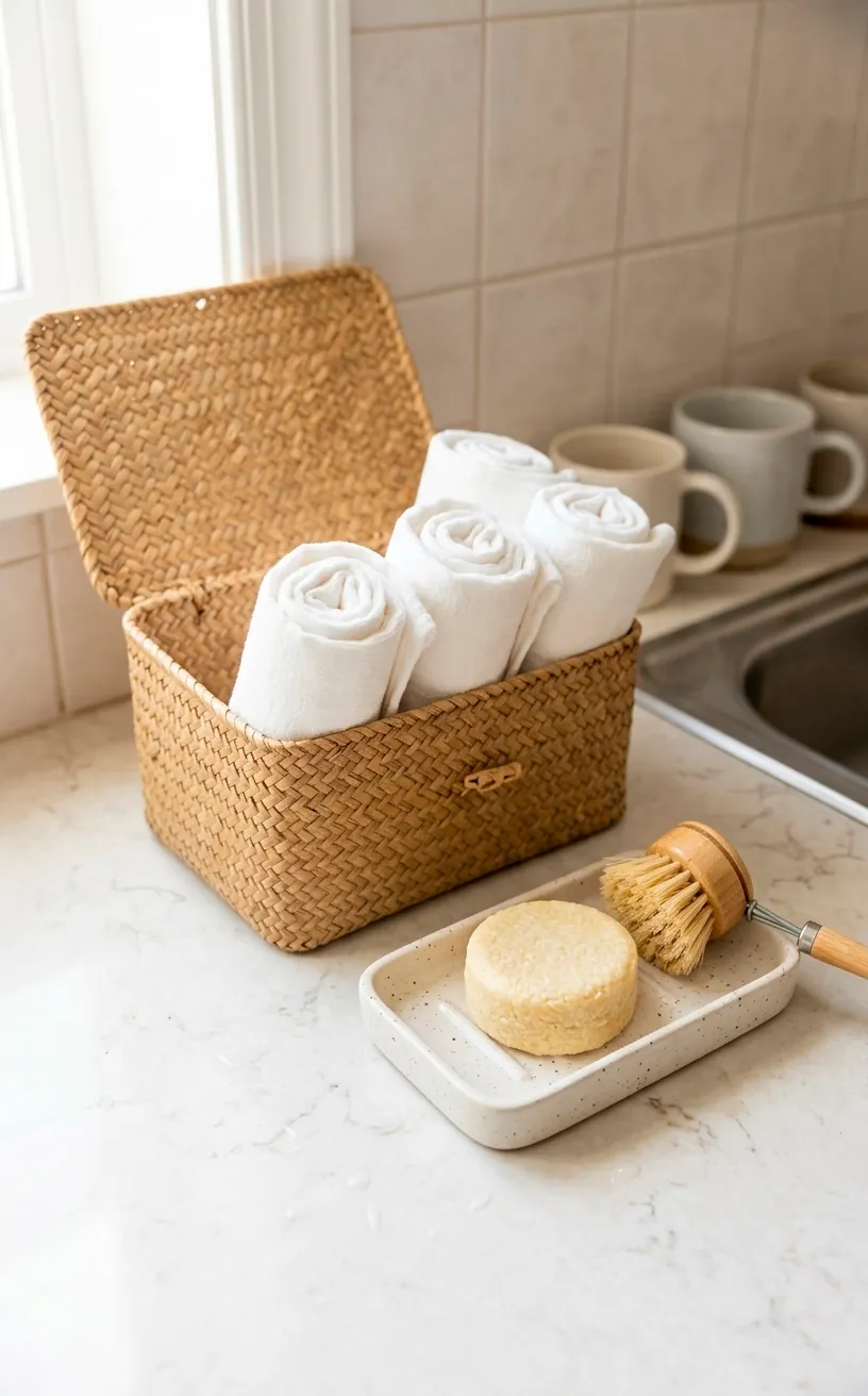 Reusable unpaper towels and solid dish soap bar on a compact kitchen counter for low waste living.