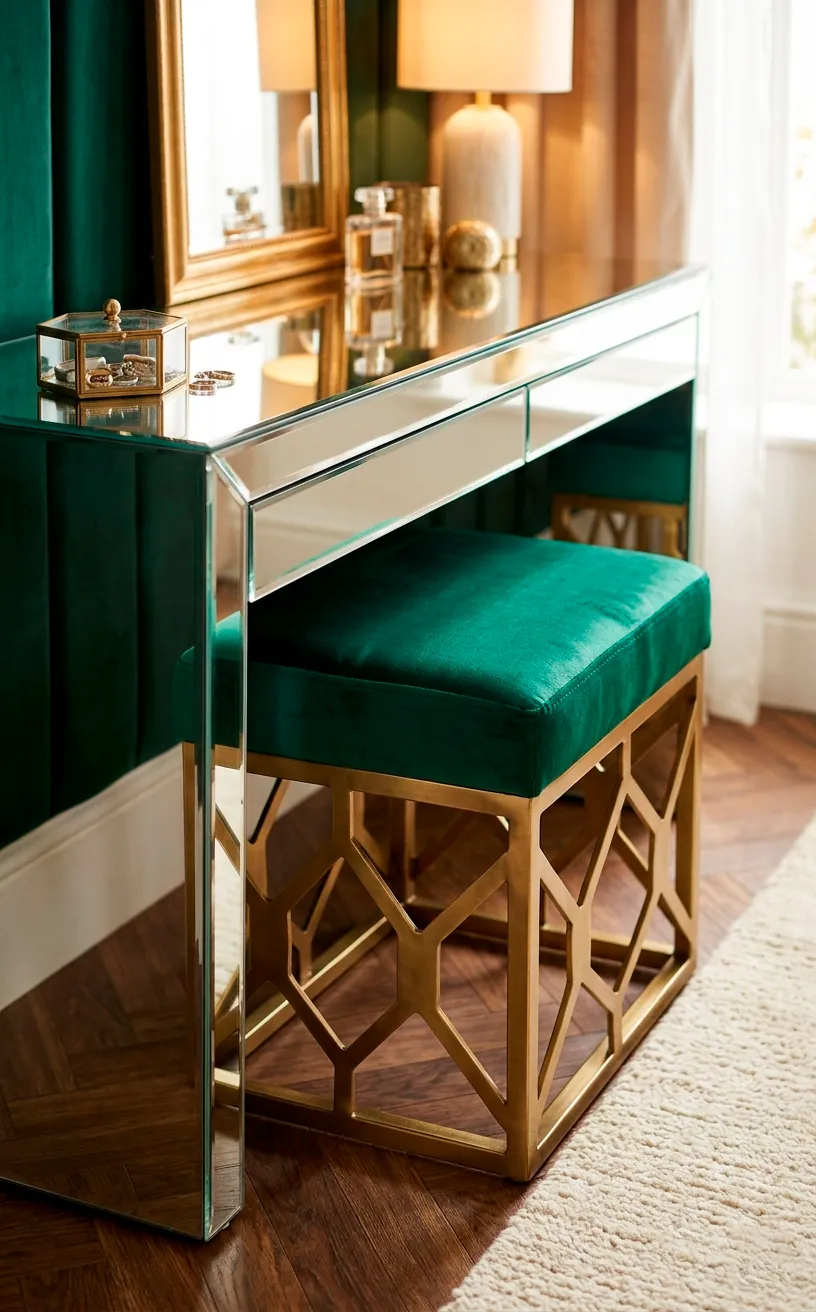 Emerald green velvet vanity stool with brushed brass base under a mirrored table.