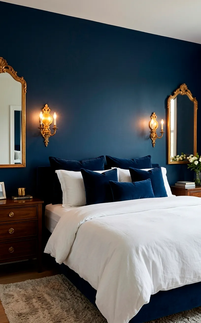 A luxury bedroom with deep navy blue walls, crisp white bedding, and elegant brass gold accent sconces.
