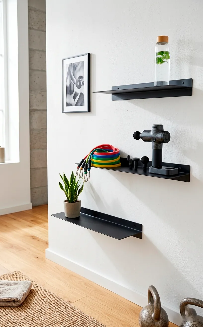 Sleek matte black steel floating shelf holding resistance bands and a massage gun.