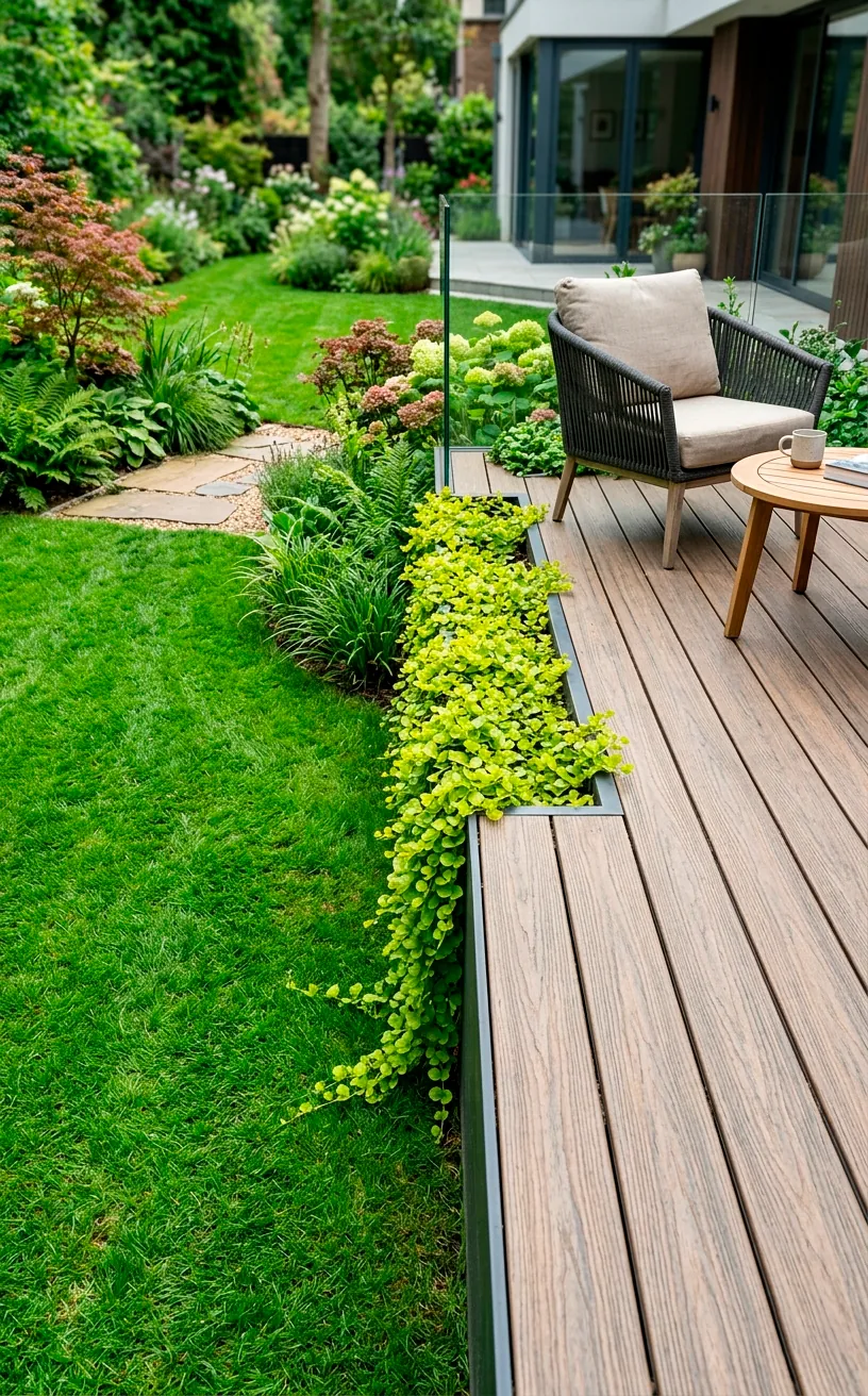 Zero-edge flush planter box on a modern patio spilling trailing greenery over the edge.