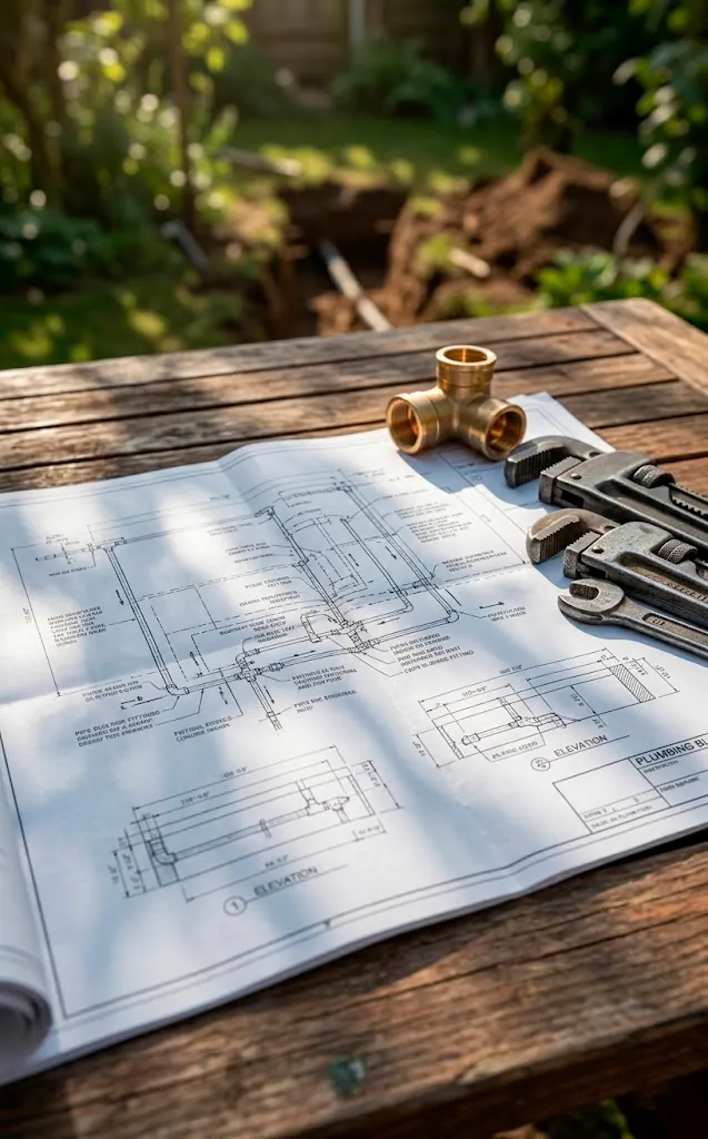 Professional plumbing blueprints and brass fittings on a wooden table for an outdoor project.