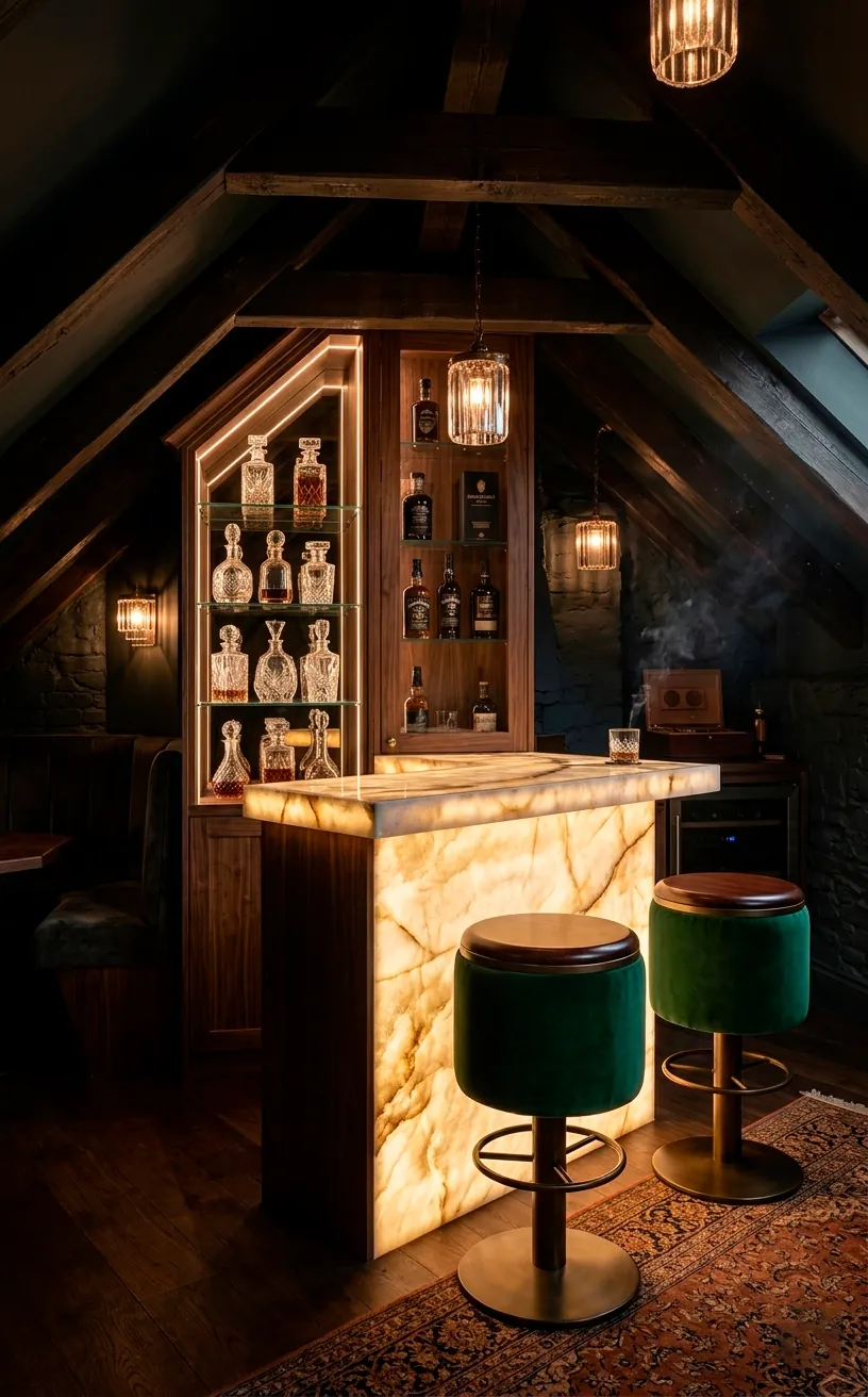 High-end attic wet bar with backlit onyx countertop and custom cabinetry.