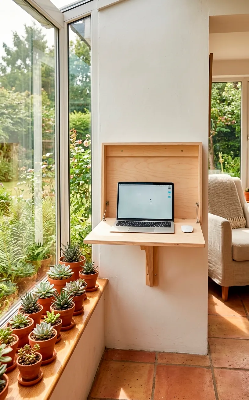 Wall-mounted drop-leaf desk folded open with a laptop in a sunny small sunroom office setup.