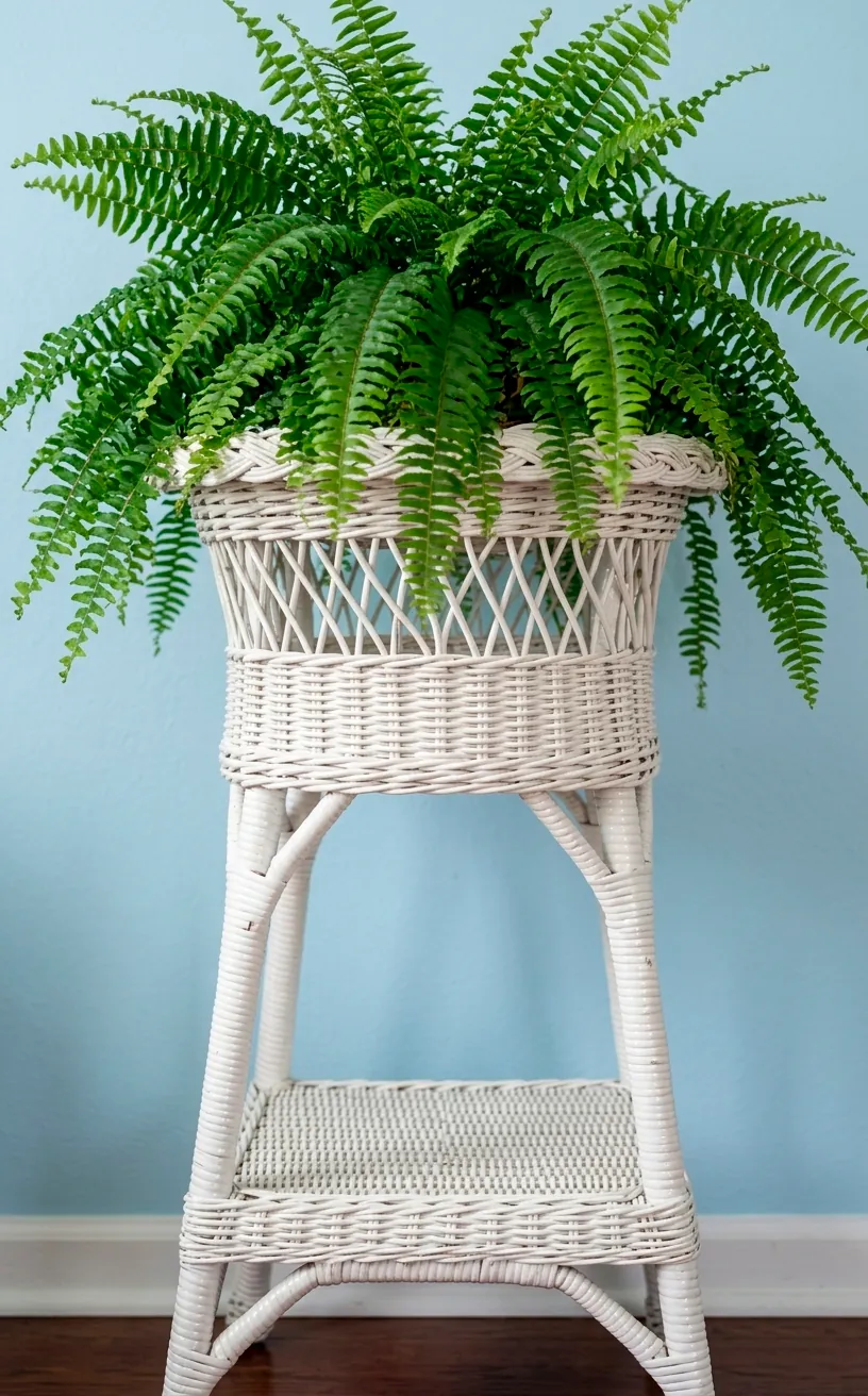 White painted wicker plant stand with a lush green fern against a blue wall.
