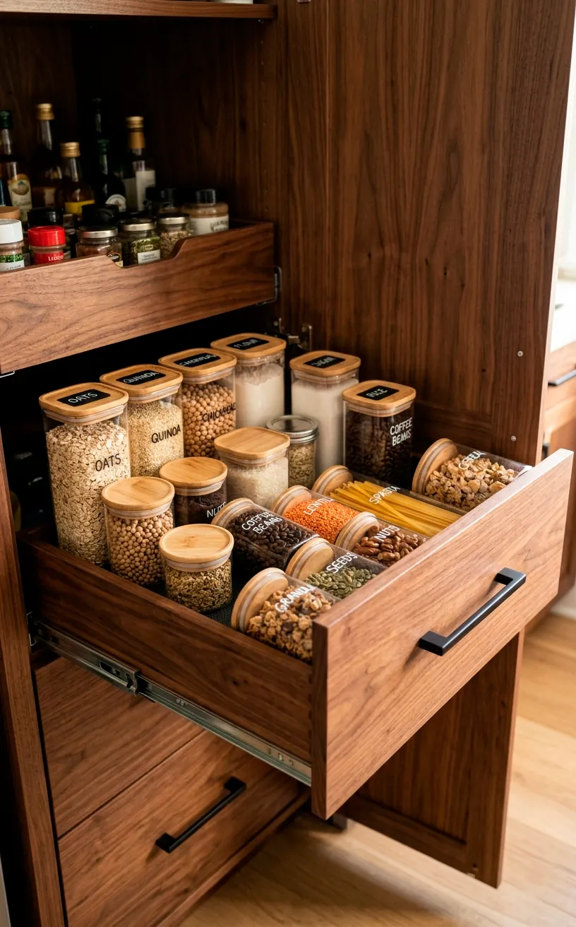 An open walnut pull-out pantry drawer filled with neatly organized clear food storage containers.