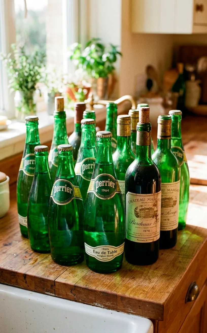 Assorted vintage green glass wine and mineral water bottles resting on a sunny white kitchen counter.