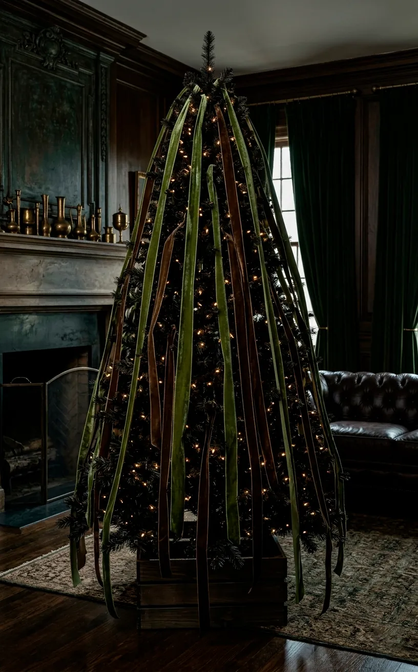 Modern Christmas tree styled with long draping sage green velvet ribbons.