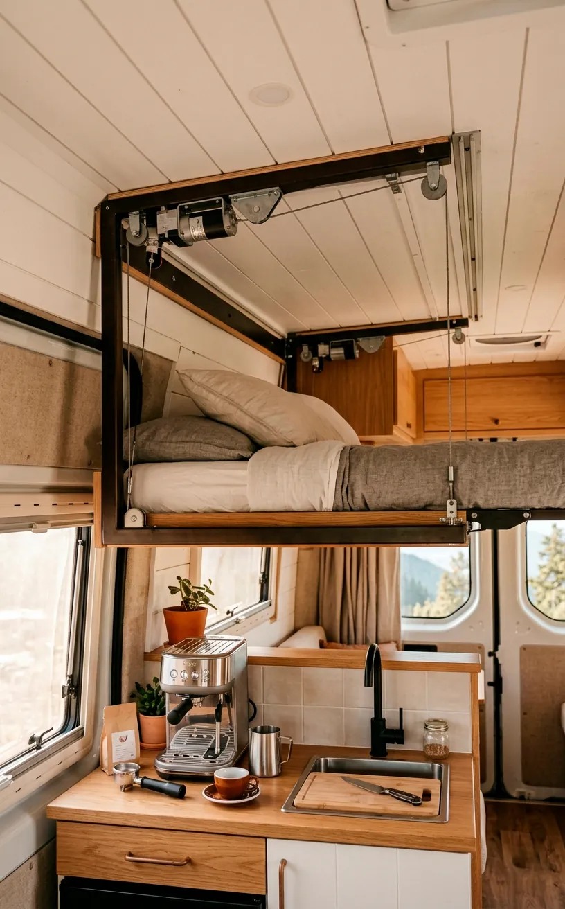 Motorized drop-down bed lowered above a camper van kitchen area