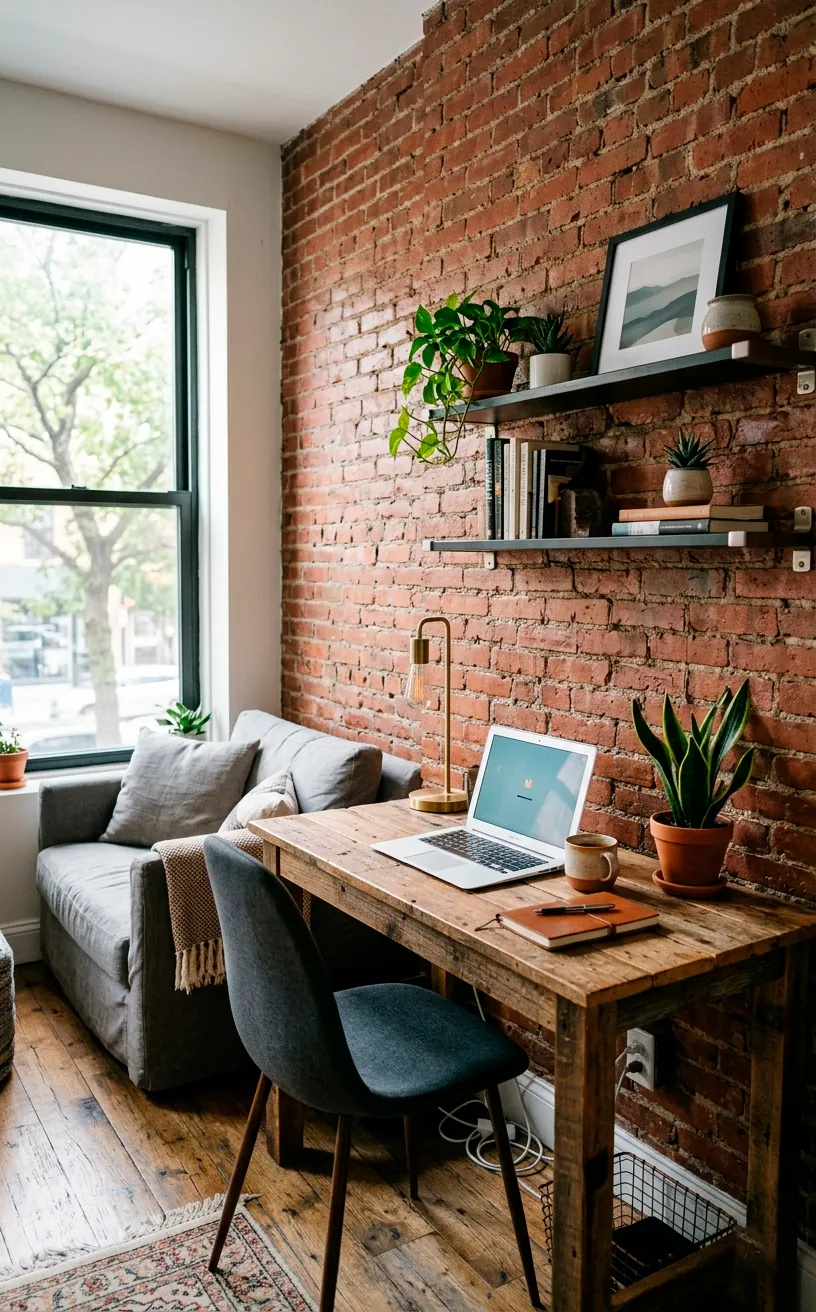 Textured peel and stick faux brick wallpaper on an apartment accent wall