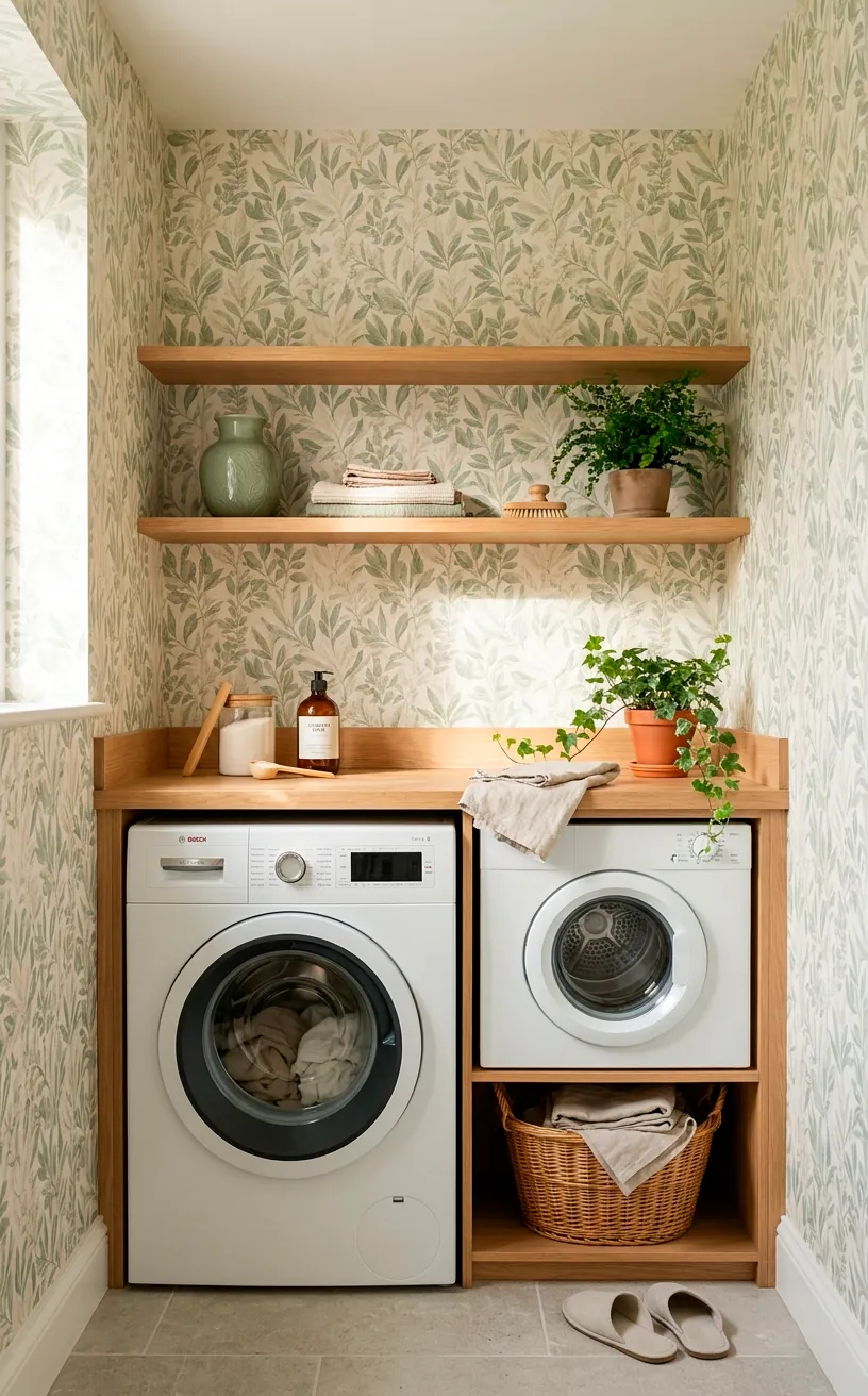 Serene laundry space featuring muted sage green botanical print wallpaper behind a modern washer