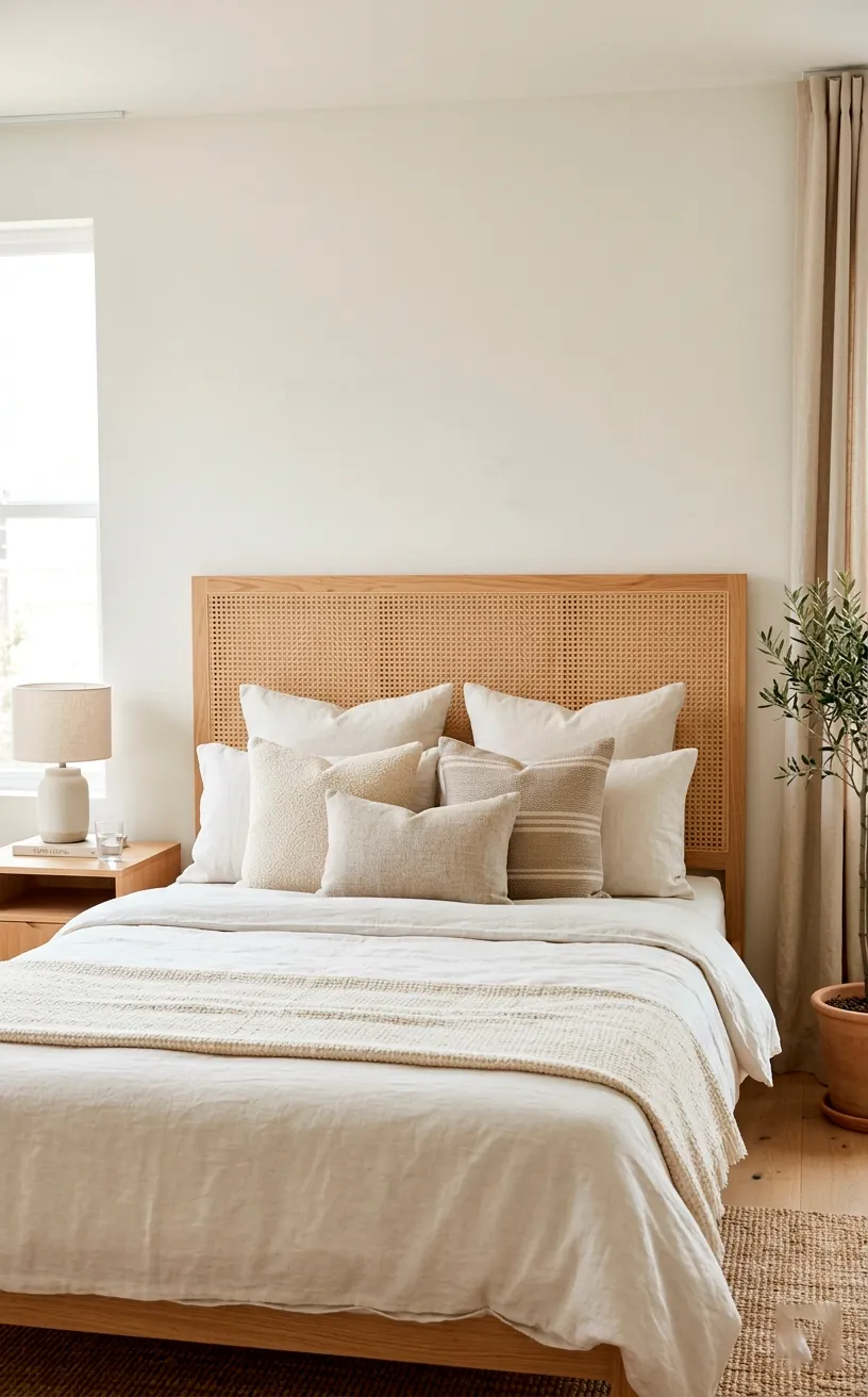Structured minimalist cane panel headboard with a blonde wood frame in a bright Scandi bedroom