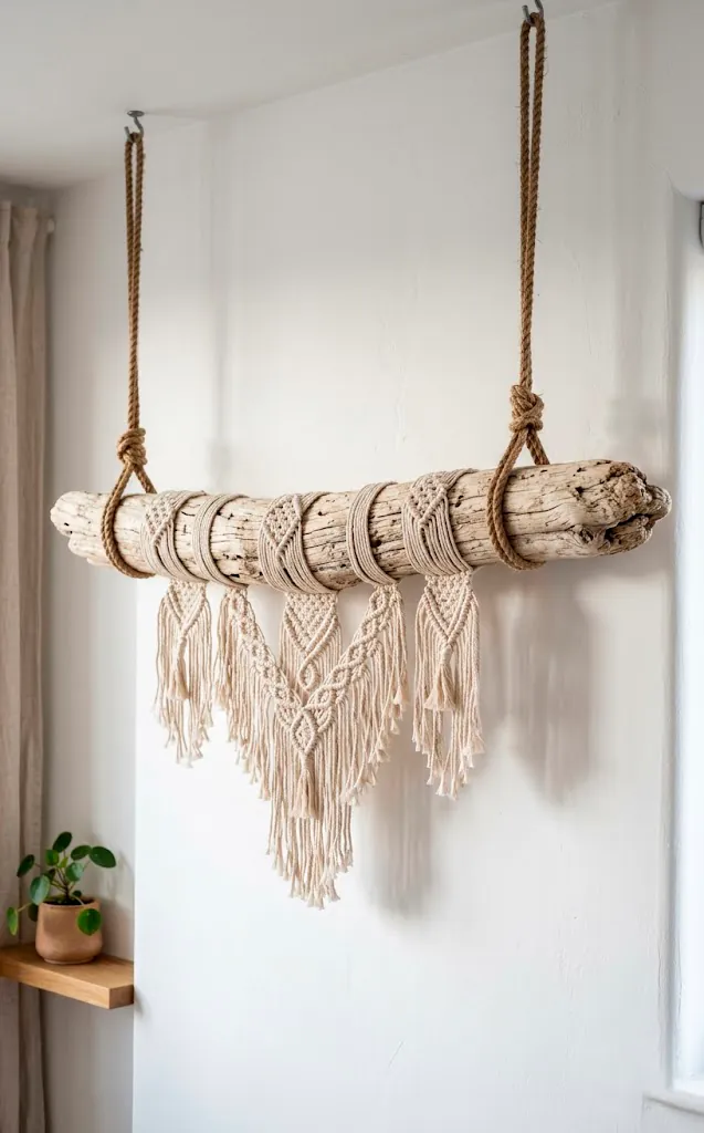 Sun-bleached driftwood wall hanging with macrame accents and jute rope on a white wall.