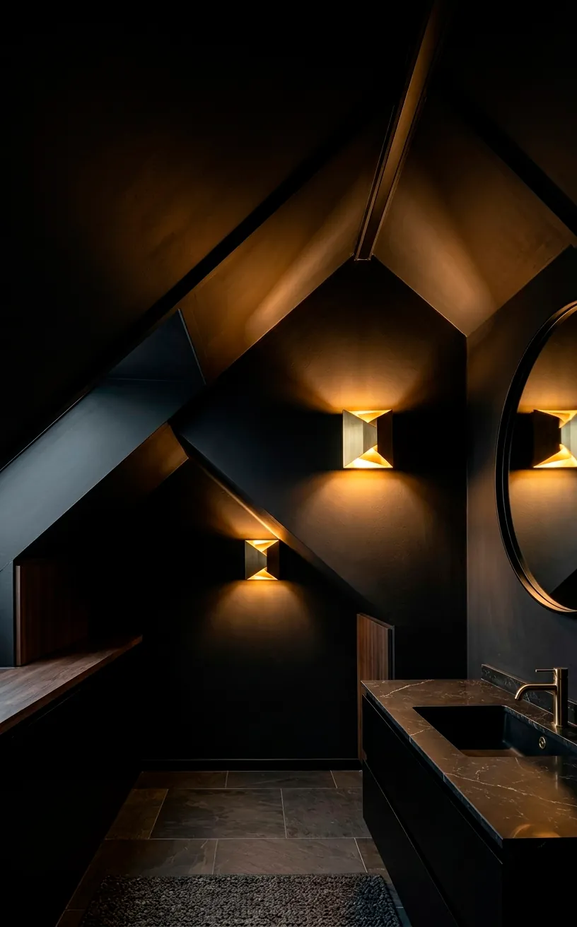 Matte black sloped attic ceiling with warm gold geometric wall sconces.