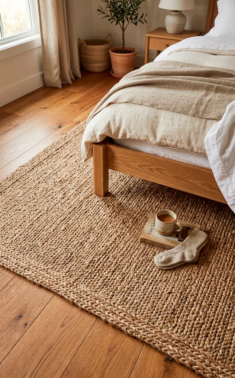 Chunky natural hand-woven jute rug placed partially under a modern wooden bed frame on sleek oak hardwood floors.
