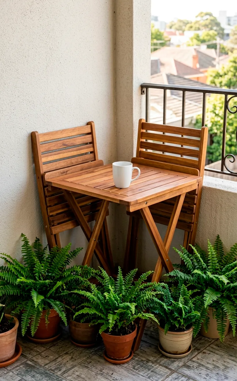 A compact folding acacia wood bistro set with a coffee cup on a cozy balcony.