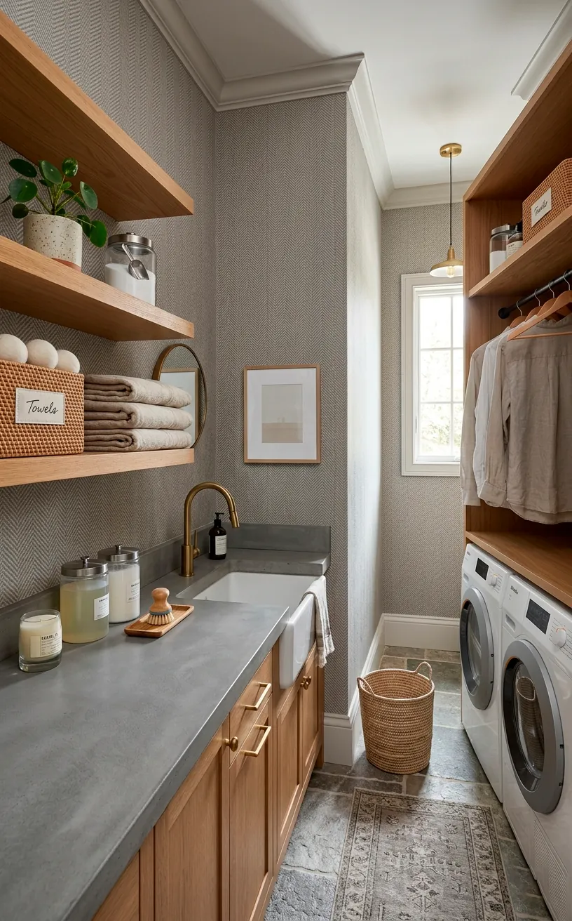 Sophisticated laundry room featuring neutral grey herringbone weave wallpaper and warm oak shelving