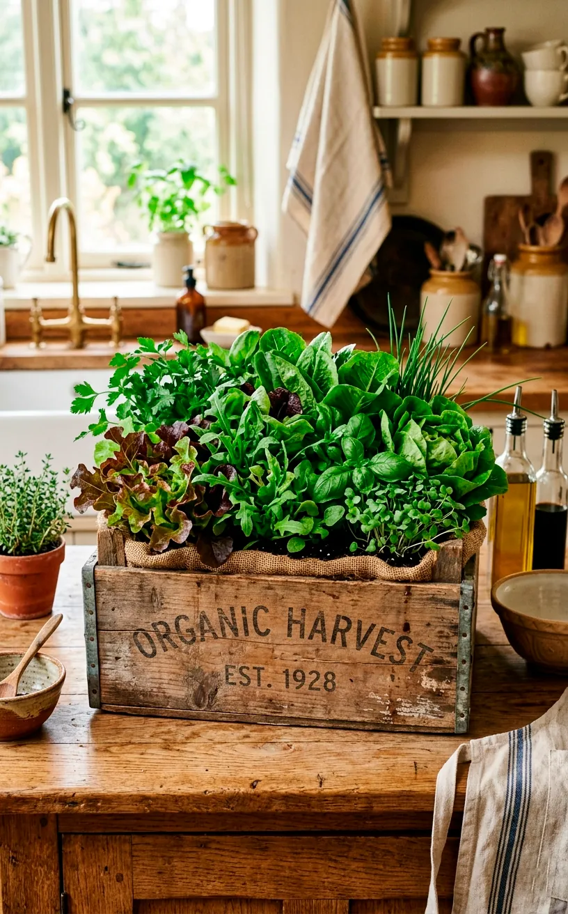 Rustic wooden crate sub irrigated self watering planter with salad greens.