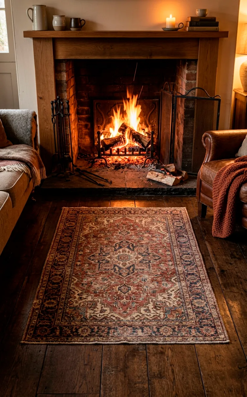 A faded vintage-patterned hearth rug placed on hardwood flooring in front of a glowing fireplace.