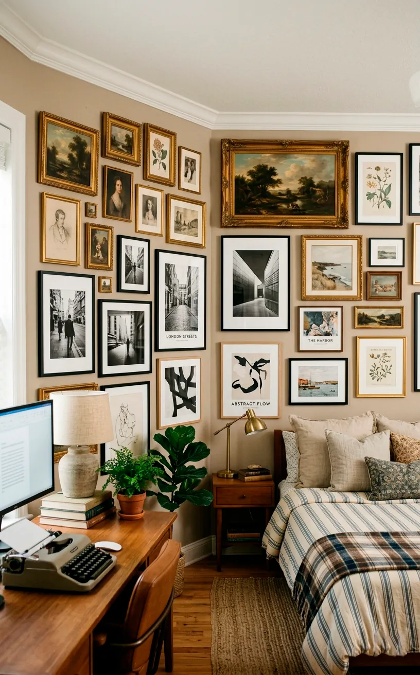 Continuous gallery wall connecting a home office and a guest bed area