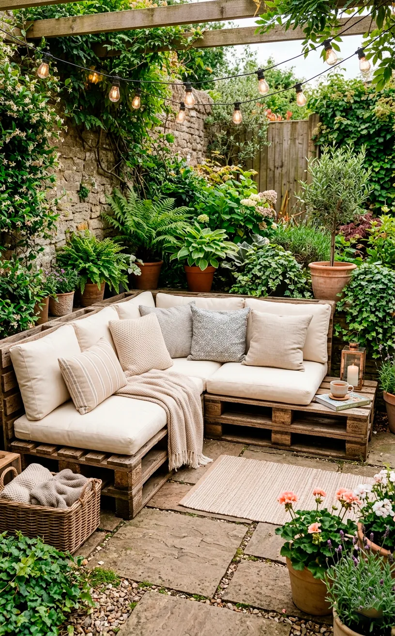 Modular wooden pallet seating arranged in an L-shape with cream outdoor cushions on a patio.