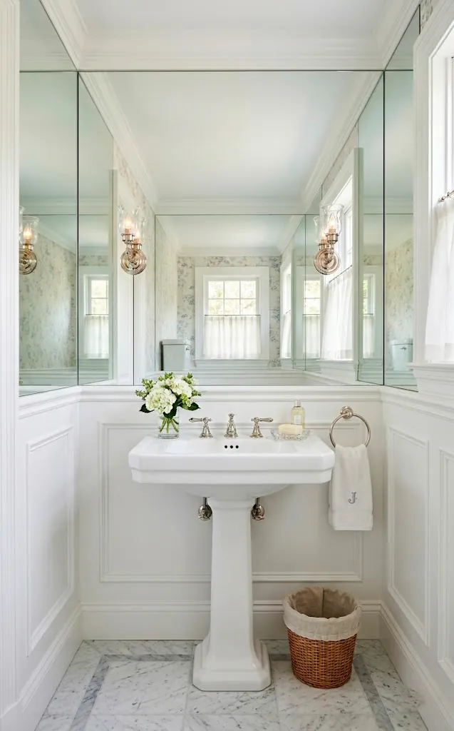 Classic powder room with white wainscoting on the lower wall and a panoramic mirror above
