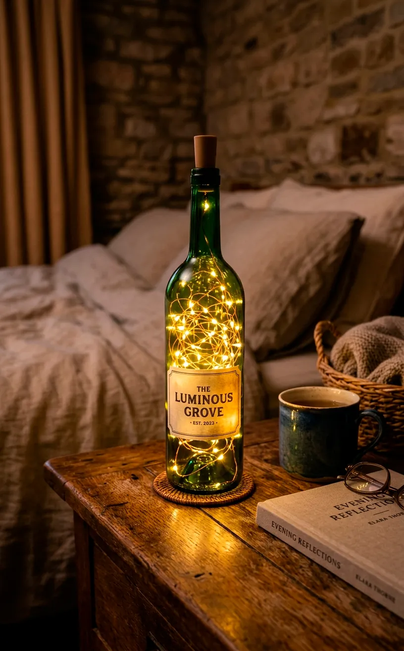 Upcycled green glass wine bottle filled with warm glowing fairy lights resting on a wooden nightstand.